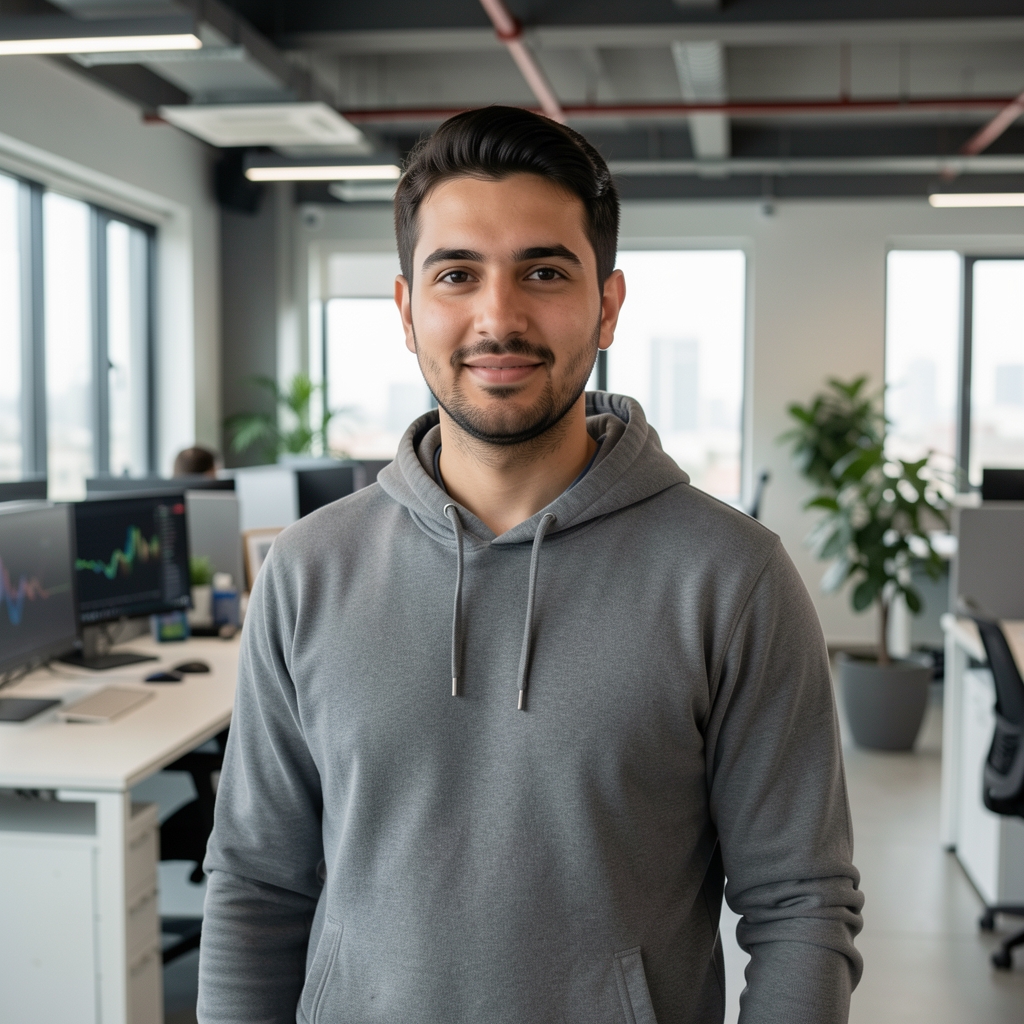 35-40 yaşlarında, casual iş kıyafetli, genç Türk erkek fintech analisti portresi, modern ofis açık alanda