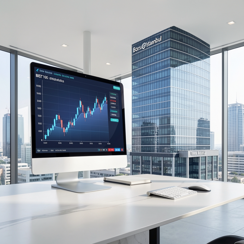 BIST 100 endeks grafiği ve Borsa İstanbul binası, mavi ve beyaz renk tonlarında dijital finansal görselleştirme