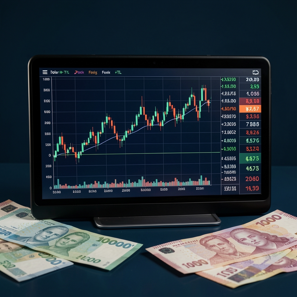 Dolar-TL kur grafiği, forex ekranı ve Türk lirası banknot sembolleri, lacivert arka plan üzerinde dijital kur göstergesi