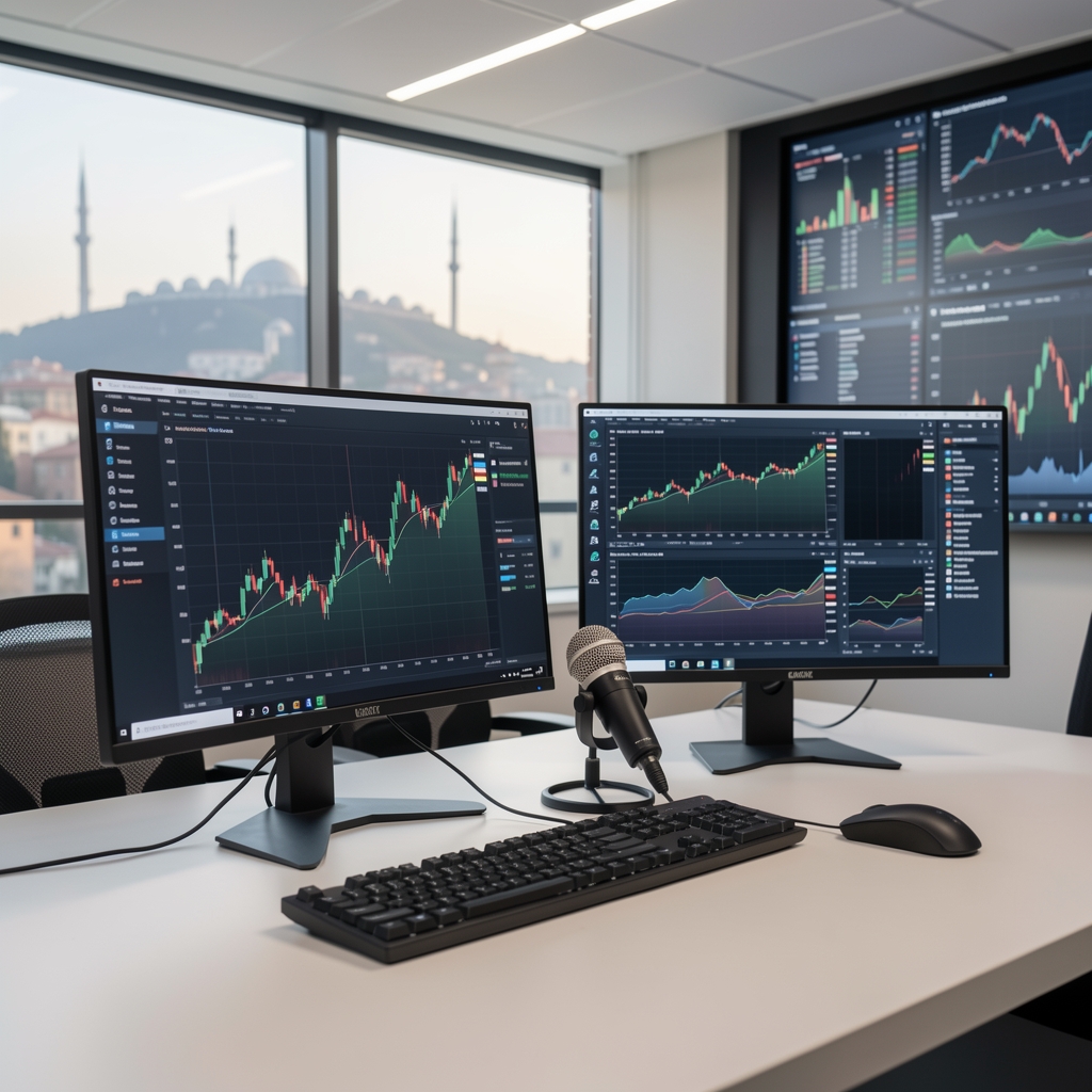Modern bir finansal analiz stüdyosunda mikrofon ve çift monitörlü bilgisayar kurulumu, arka planda İstanbul silüeti ve grafik ekranları görünüyor