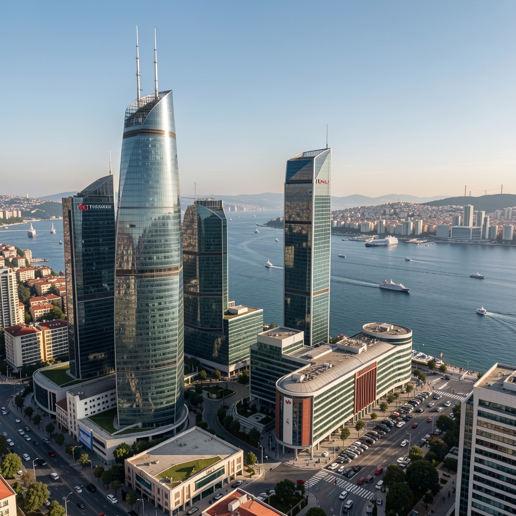 İstanbul finans merkezi cam gökdelenler ve Boğaz manzarası, Türk bankacılık sektörünü sembolize eden modern iş dünyası ortamı