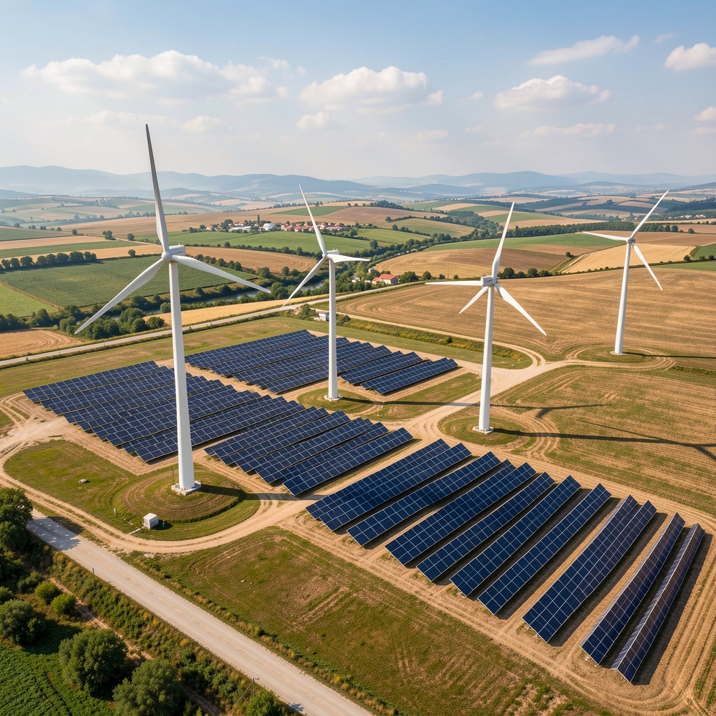 Rüzgar türbinleri ve güneş panelleri Türkiye kırsal alanında, yenilenebilir enerji sektörü büyümesini gösteren hava fotoğrafı